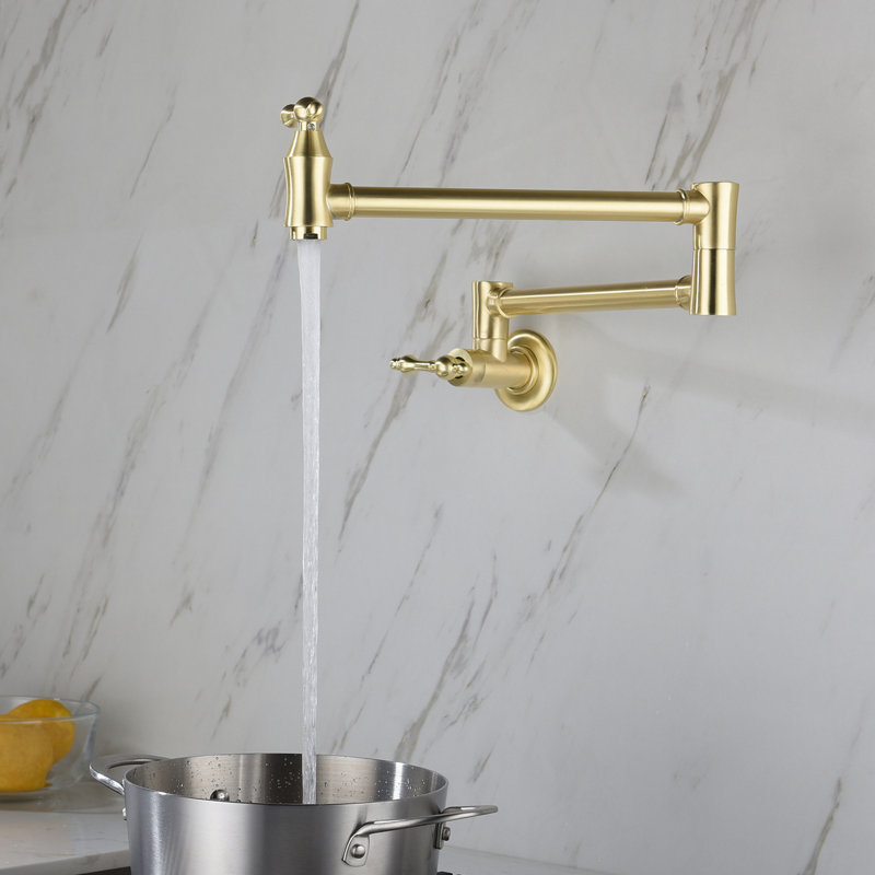 Wall Mount Folding Kitchen Pot Filler Faucet, Brushed Gold