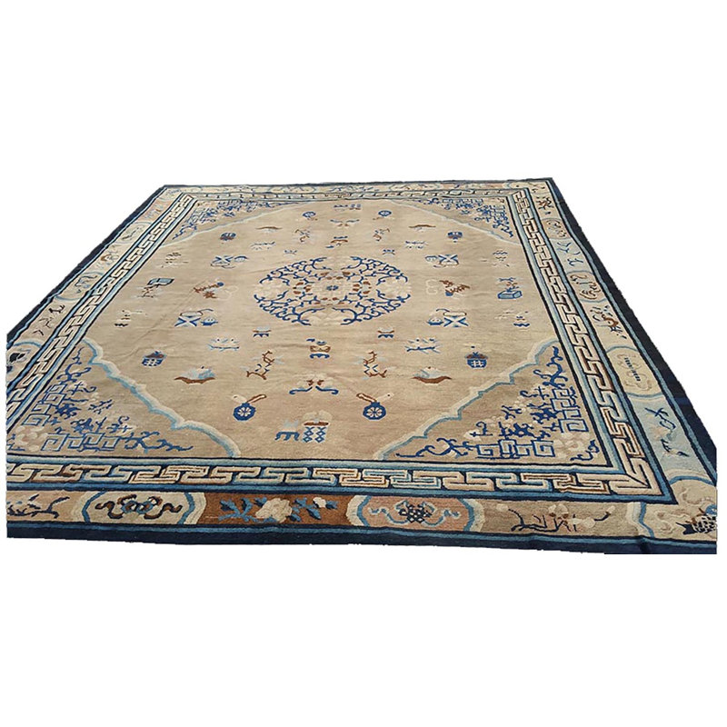 Antique Square Room Size Ivory and Blue Chinese Ningxia Rug