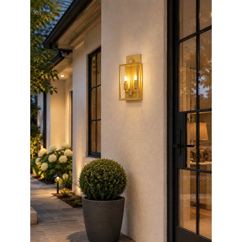 2 Light Black Lantern Wall Sconce With A Clear Glass Shade, Brass, 16.5" H x 9.75" W x 7.75" D