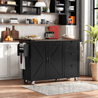 54.5”farmhouse Style Mobile Kitchen Island With Electrical Outlet, Folding Leaf, Spice Rack And Drawers, Rolling Kitchen Cart With Ample Storage, Rust by Gracie Oaks
