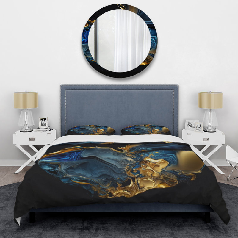 Ensemble de housse de couette abstraite en géode de marbre bleu et doré en microfibre / polyester