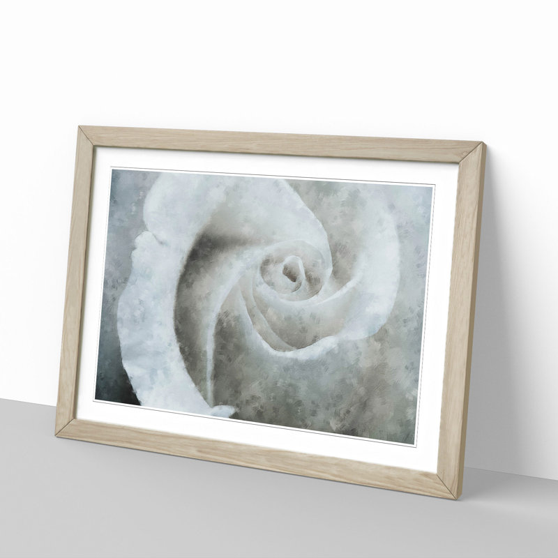 White Rose - Single Picture Frame Painting on MDF, Oak Framed, 45cm H x 63cm W x 2cm D