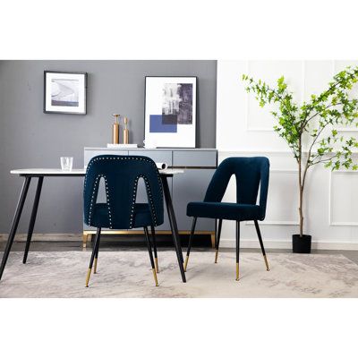 Collection Blue, chaise de salle à manger avec revêtement en velours et garniture cloutée, 2 pièces, têtes de clou en métal noir moderne, 2 pièces