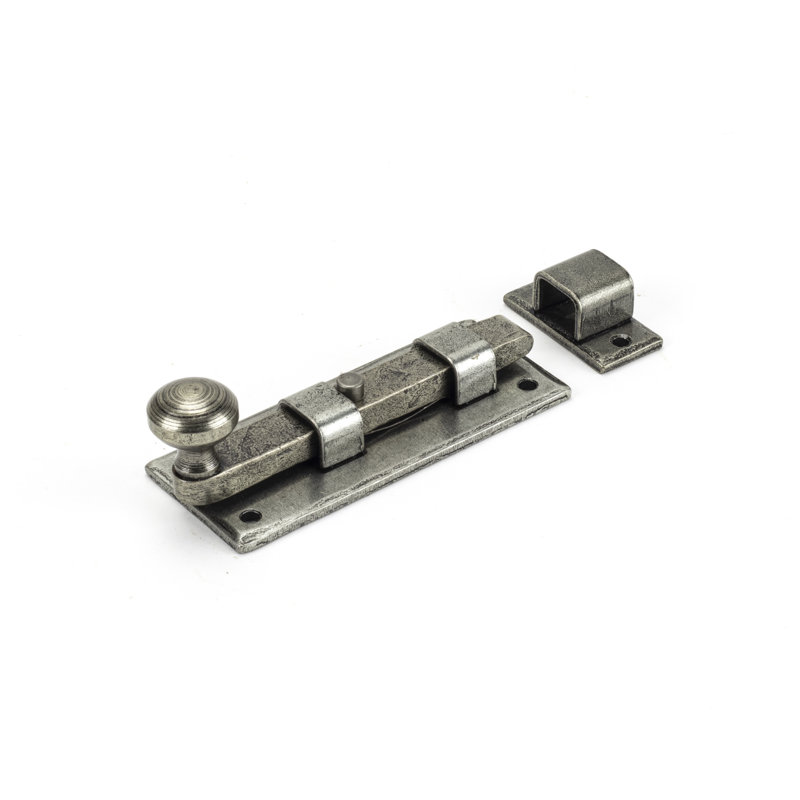 Straight Knob Bolt, 3.6cm H x 9.1cm W x 2.8cm D, Pewter Patina