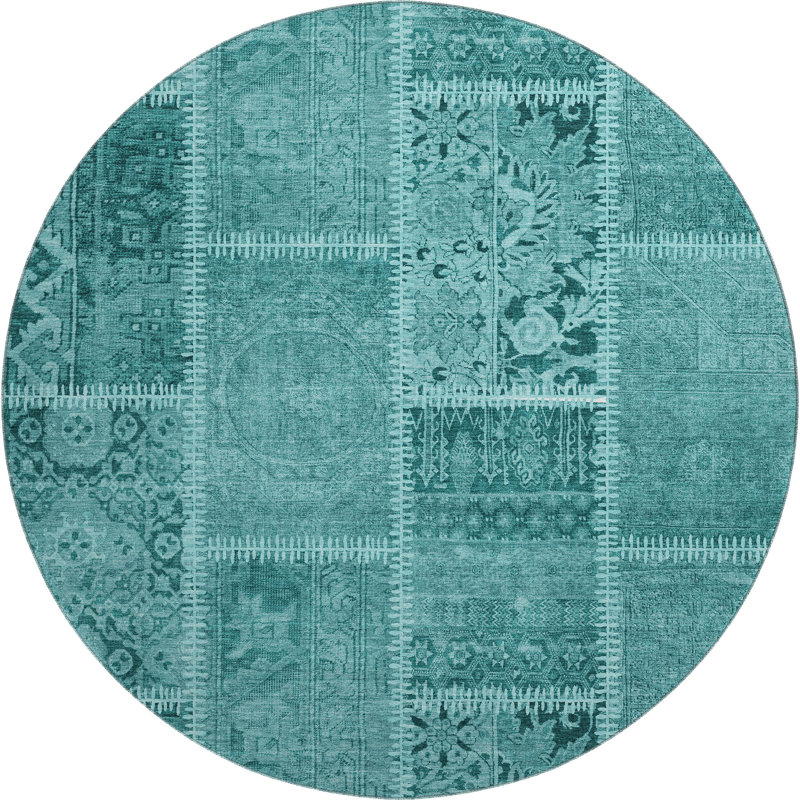 Tapis turquoise Cerrito lavable à la machine de qualité supérieure, Rond 8 pi