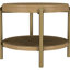 Table de bout ronde avec rangement, finition sable, bois d'hévéa et tablette, pieds en métal pour arrangement de salle familiale