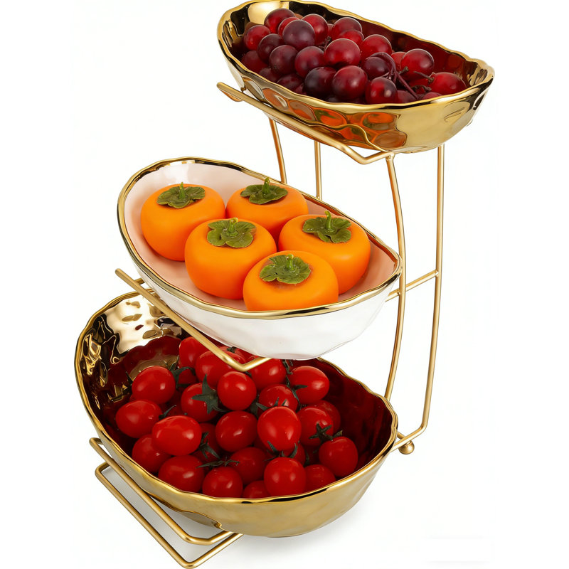 Maria à 3 niveaux en céramique avec support en acier inoxydable, support à fruits à usages multiples allant au lave-vaisselle pour la fête à la maison