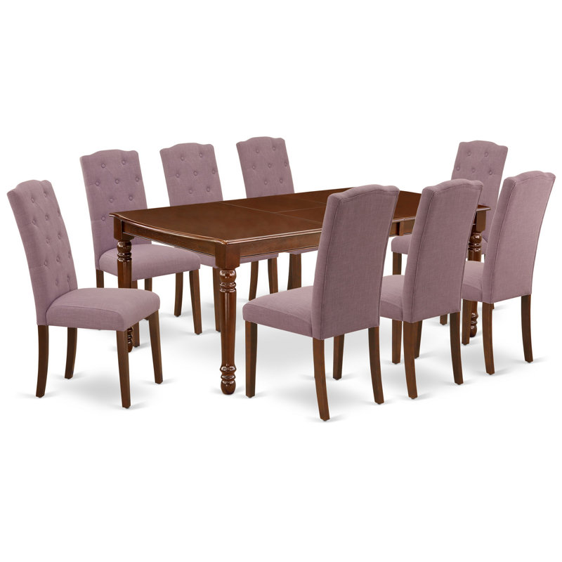 9 Piece Dining Table Set Includes a Rectangle Dinner Table with Butterfly Leaf and 8 Dahlia Linen Fabric Parson Dining Chairs, Mahogany