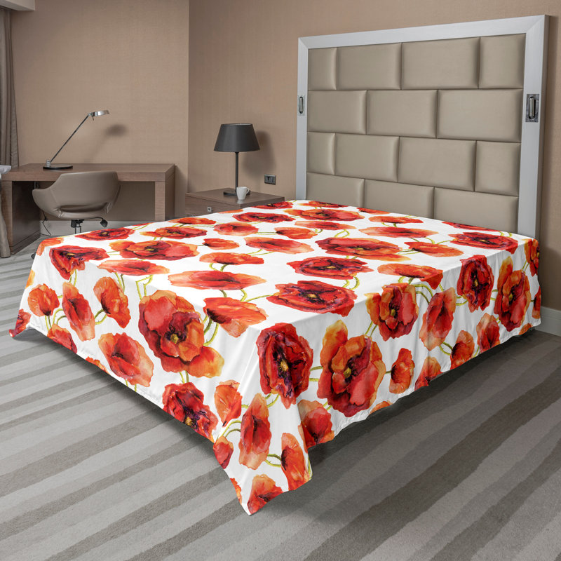 Ambesonne Nature Top Flat Sheet Glisten Fish Sunlight, Full Flat Sheet, Scarlet White Red Floral