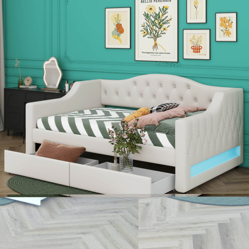 Lit de jour rembourré avec ceinture à DEL et lit gigogne, canapé-lit en lin pour enfants, chambre à coucher, aucun sommier nécessaire