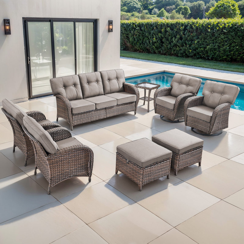 Mobilier de conversation avec coussins en T en osier pour l'extérieur pour 7 personnes Agnes, Gris