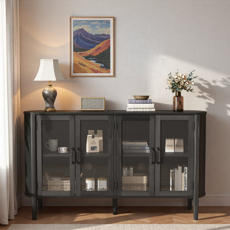 Buffet moderne avec portes en verre et tablettes réglables, Noir