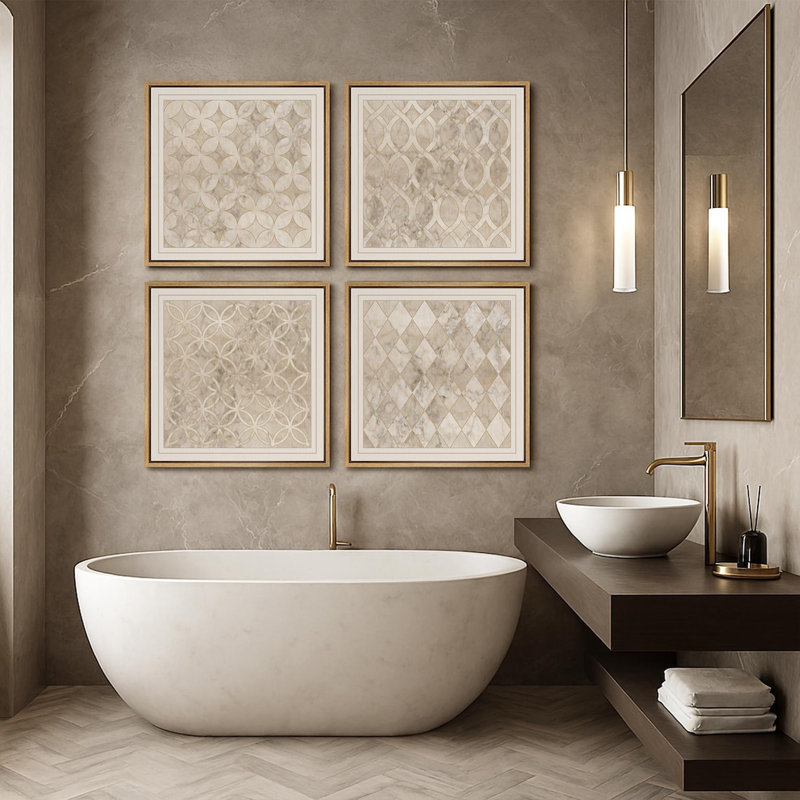 Beige Marble Mosaic Framed Canvas Wall Art Set of 4 – Geometric Tile Pattern Prints for Modern and Classic Home Decor