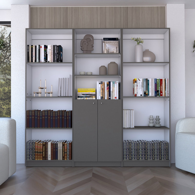 Ensemble de bibliothèque 3 pièces Duette, 74 po avec 11 tablettes et 2 portes, ensemble de salon, armoire