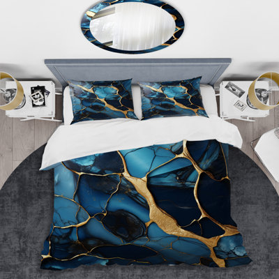Ensemble de housse de couette abstrait doré et bleu saphir