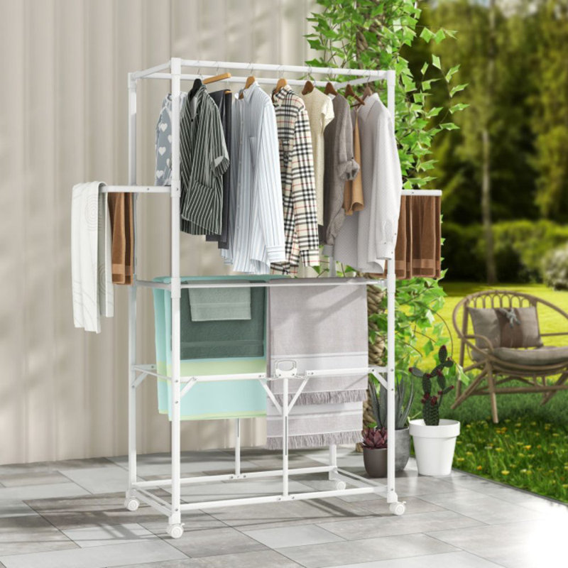 Séchoir à linge pliable Support à linge pliable avec tiges de suspension Tablettes latérales pliantes Tablette centrale amovible avec 4 roues universelles