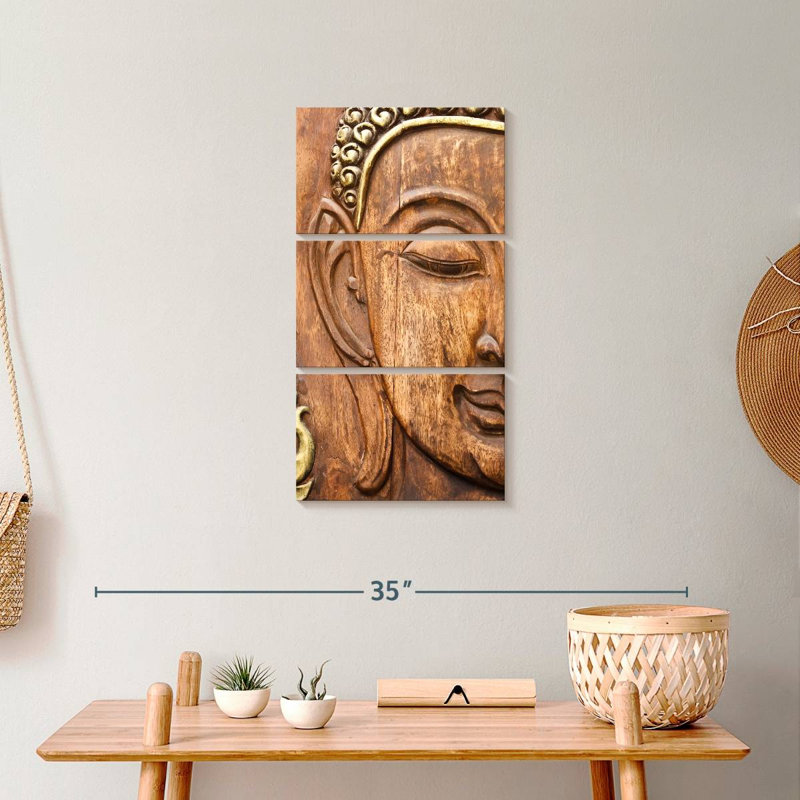 Bouddha en bois sculpté 3 pièces, H 27 po x l 12 po x P 1 po