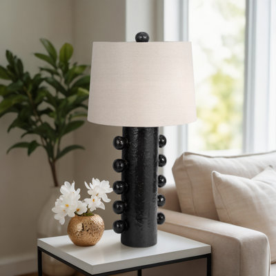Modern Black Stoneware & Ceramic Table Lamp - 31" Tall with Textured Cylindrical Base & Fabric Shade - Ideal for Bedroom, Living Room, Office & Home Decor