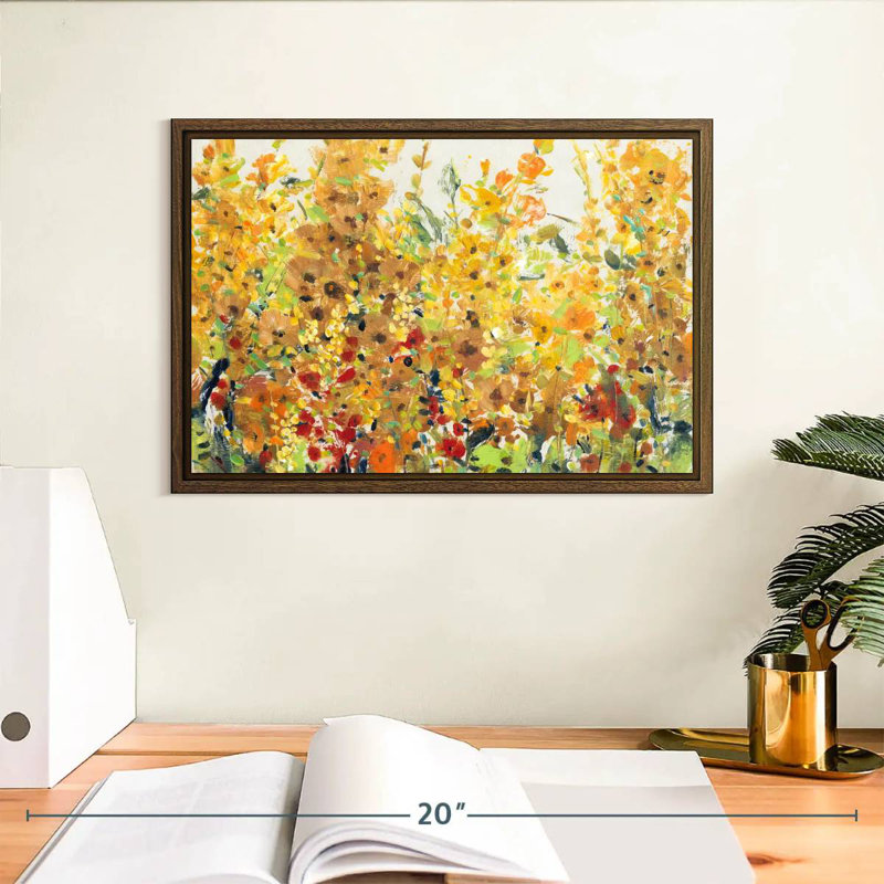 Golden Summer Garden I, 13 po x 9 po, Cadre flottant en noyer