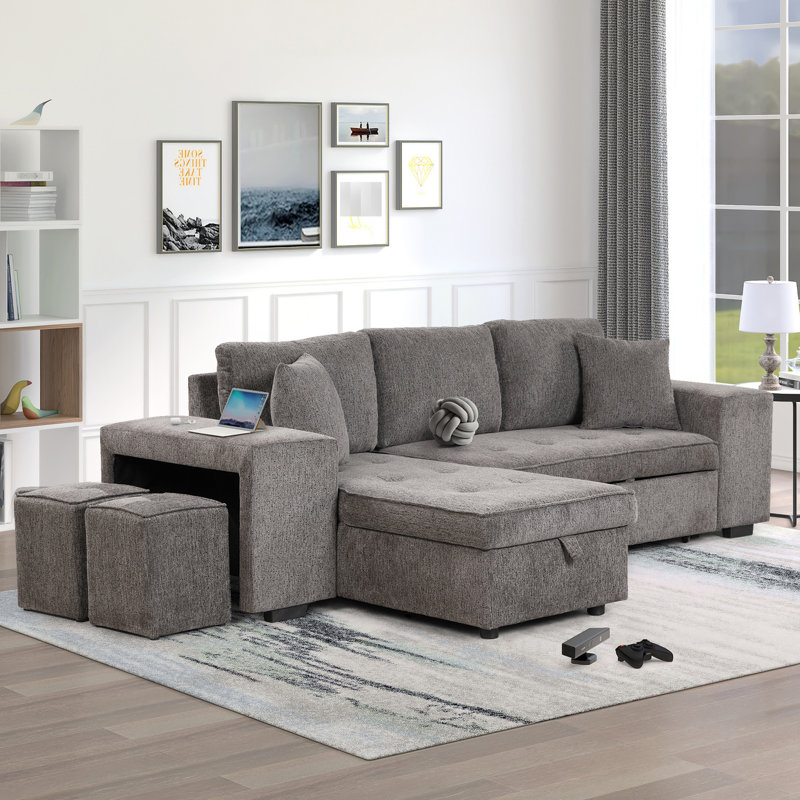 104.5" L-shape Sectional With Sleeper Function, Storage Chaise And 2 Stools, Charcoal Living Space Reversible Bed & Comfy Linen Fabric,