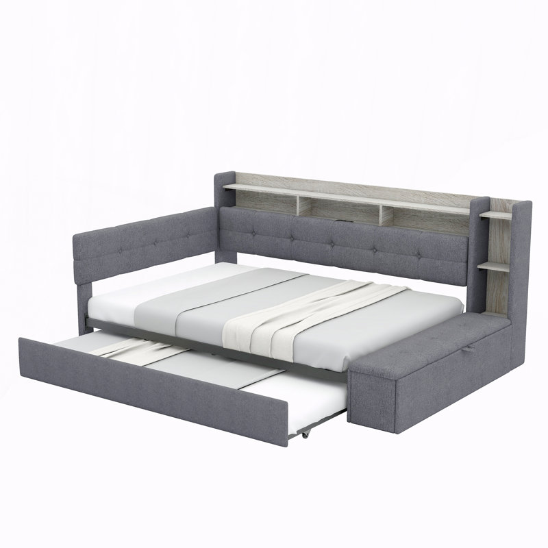 Lit de jour double rembourré avec repose-pieds et tablettes, Grey