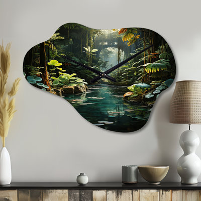 Caribe Jungle Adventure - Beach Cloud Metal Wall Clock, Green Asymmetrical Metal Wall Clock Print