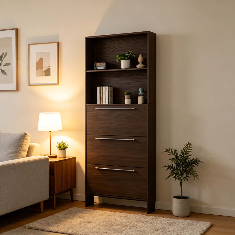 Armoire de rangement haute et étroite pour chaussures avec 3 compartiments à tiroirs et tablettes ouvertes