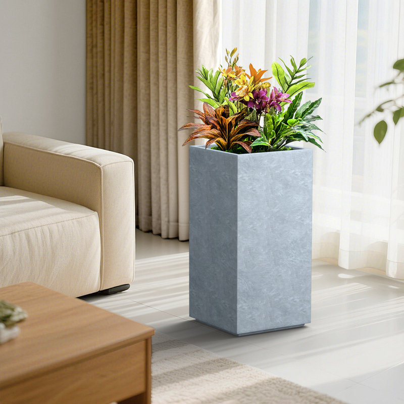 13.5" W x 27.5" H Large Concrete Rectangular Flower Planter Indoor Outdoor Plant Pot with Drainage Holes, Slate Gray