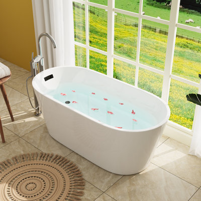 Selene 59'' x 27.5'' Freestanding Soaking Acrylic Bathtub with Side Drain