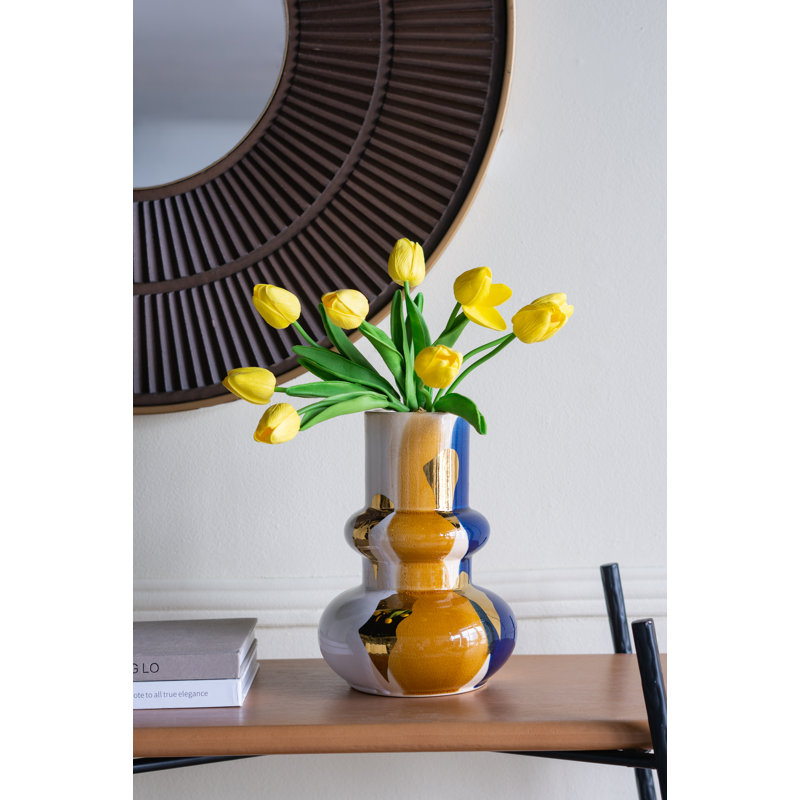 Bulbous Ceramic Vase with Abstract Multicoloured Finish