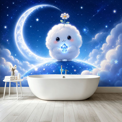 Papier peint adhésif pelez et collez, joli personnage moelleux tenant un cristal nuit étoilée, croissant de lune, art mural auto-adhésif et amovible