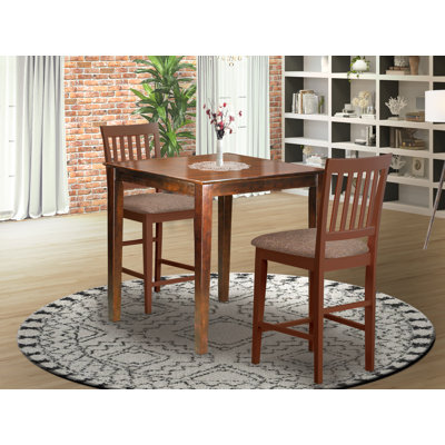 Ensemble bistro 3 pièces à hauteur de comptoir pour petits espaces comprenant une table de salle à manger carrée et 2 chaises en tissu de lin, acajou
