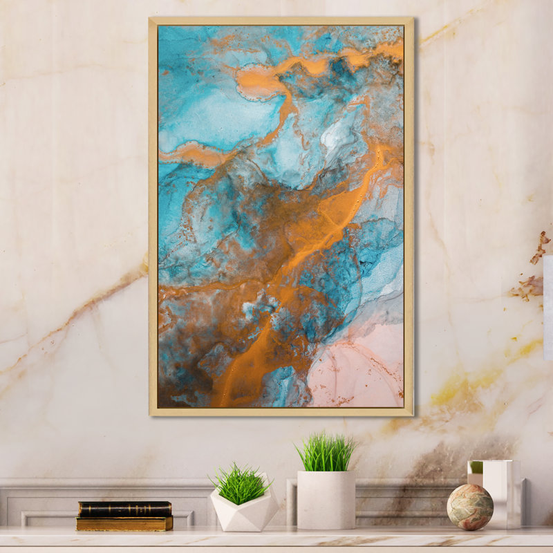 Turquoise luxueux et écoulement de marbre doré - peinture, H 36 po x l 24 po, Cadre flottant brun