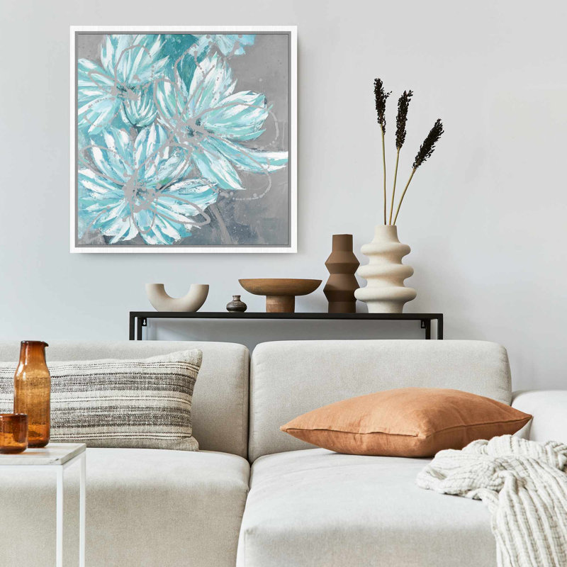 Toile encadrée botanique bleue - Trois petites fleurs abstraites