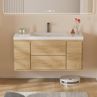Chesham l 48 po x P 19-5 / 8 po Chesham P x 22 1/2 po H Meuble-lavabo flottant en chêne naturel avec plateau en céramique blanche assemblé