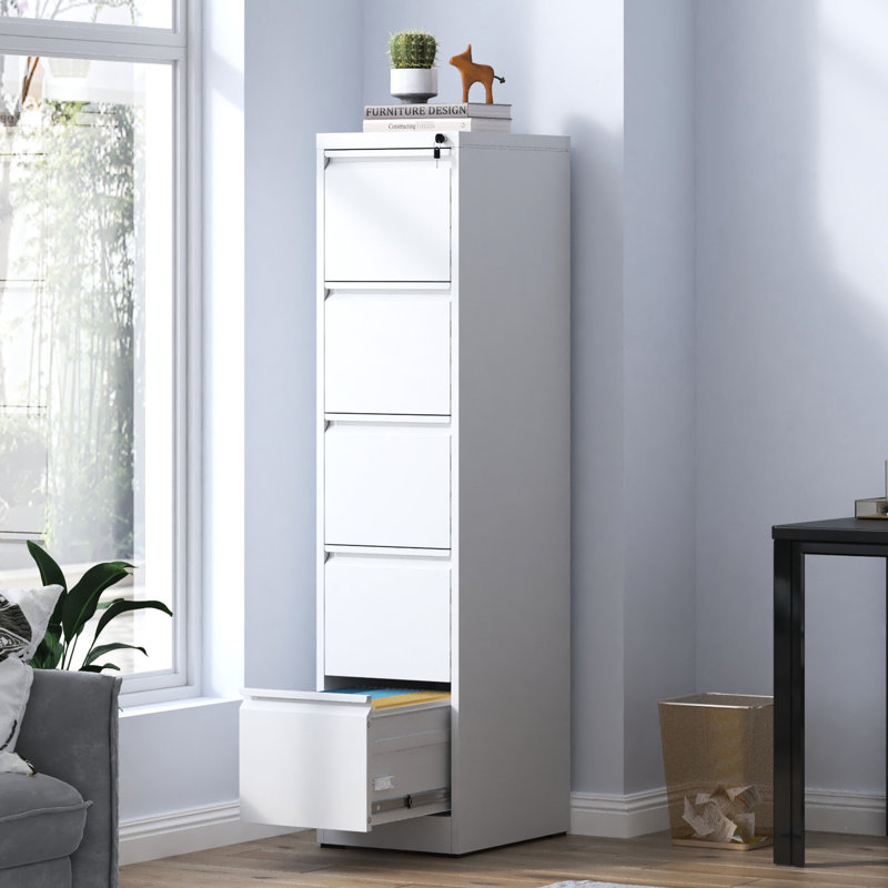 5 Office/Home Metal File Cabinet, Strong Steel Construction, Full Extension Drawers, Tilt, White Finish Cabinet 5 Drawer Vertical With Lock, Office/Home, ,