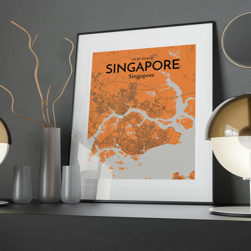 Singapore City Map In Orange - No Frame Print, 20cm H x 16cm W x 0.05cm D