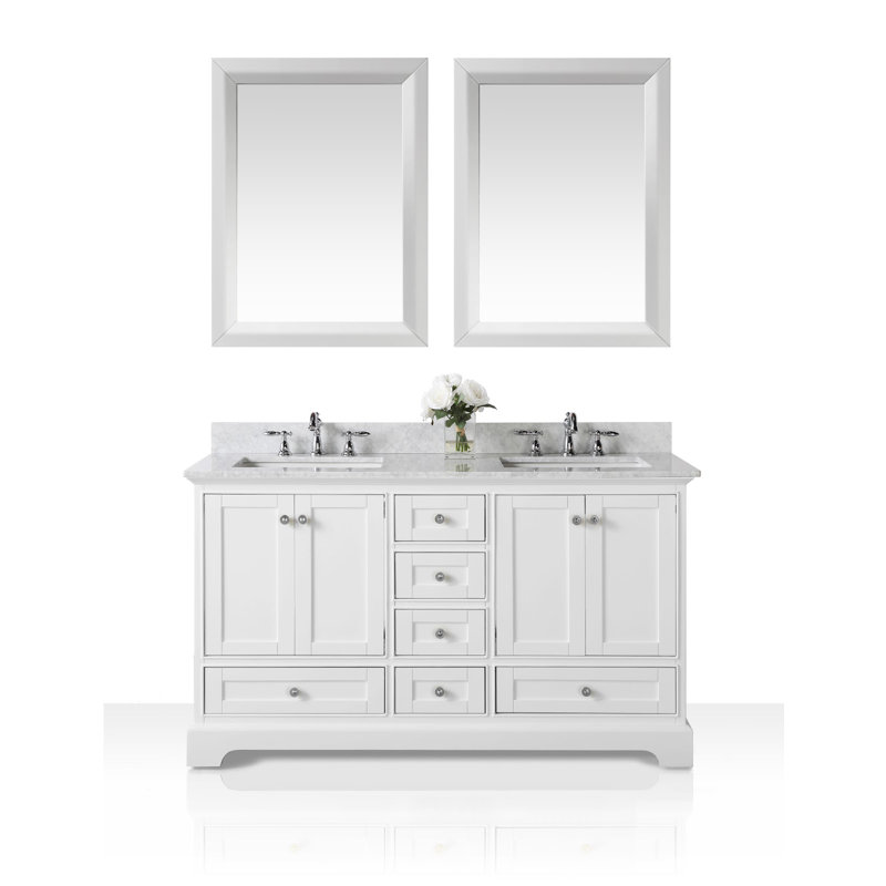 Audrey 60'' Double Bathroom Vanity with Top, White, Carrara White, Brushed Nickel