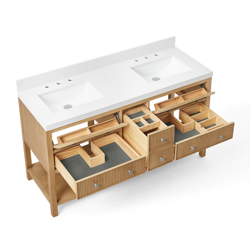 Quartz Single Vanity with Ceramic Sink, Natural Oak, 60"