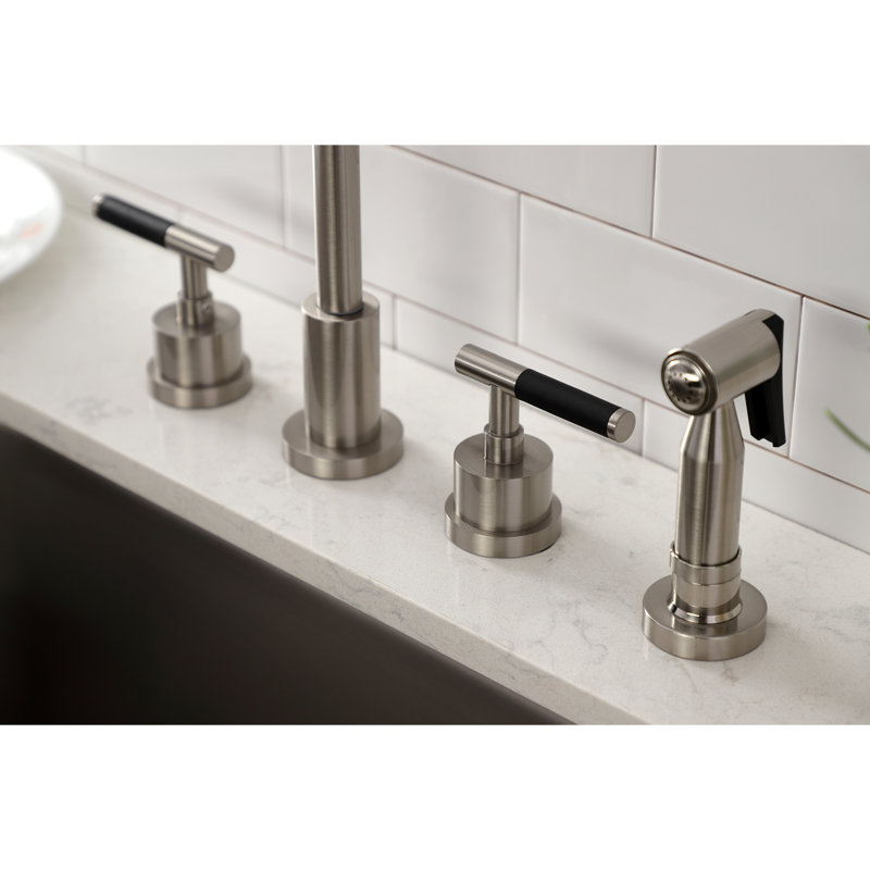Kingston Brass Kaiser Double-Handle 4-Hole Widespread Kitchen Faucet with Brass Sprayer, Brushed Nickel