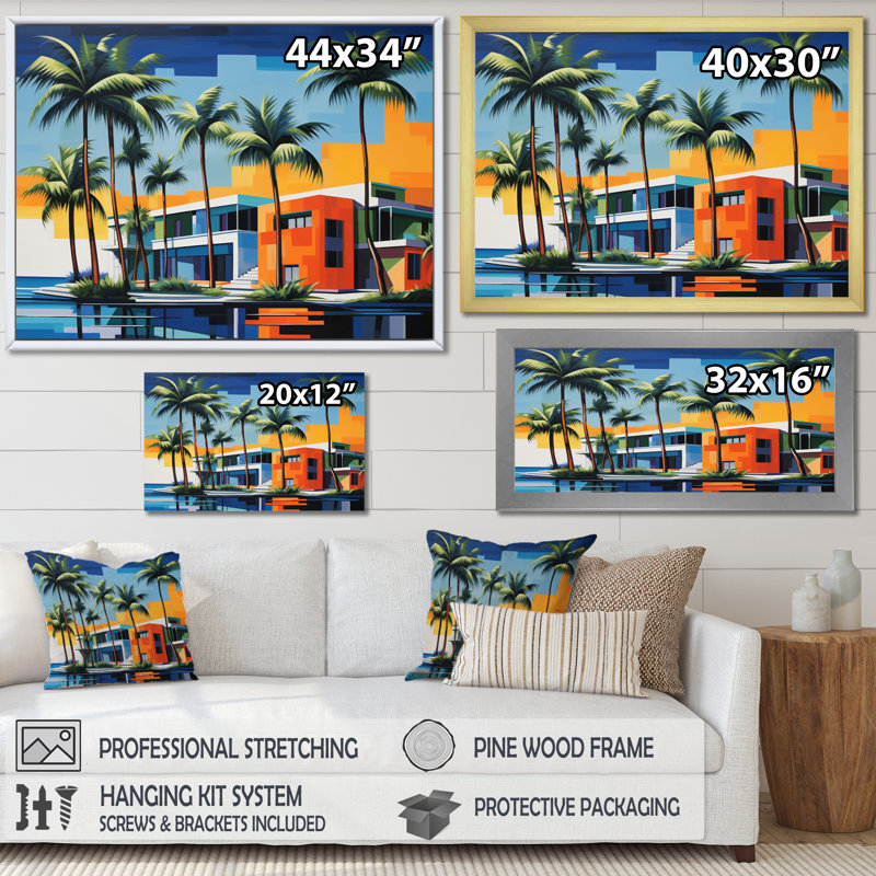 Pop Palm Beach en couleur II sur toile, H 24 po x l 32 po x P 1 po, Cadre flottant noir