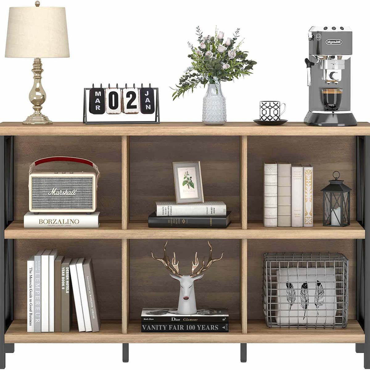 KINOFO 6 Cube Storage Organizer With Shelf, Long Wood And Metal Cubby ...