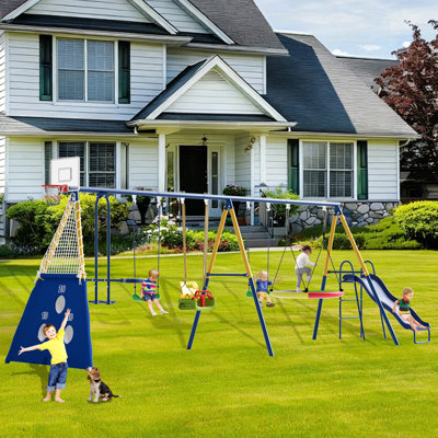 8 in1 Swing Sets for Backyard with Kids Slide Outdoor Heavy-Duty Metal Playset for Kids 550lbs Swing Set with Slide, Saucer Seat, 2 Belt Seat, Soccer