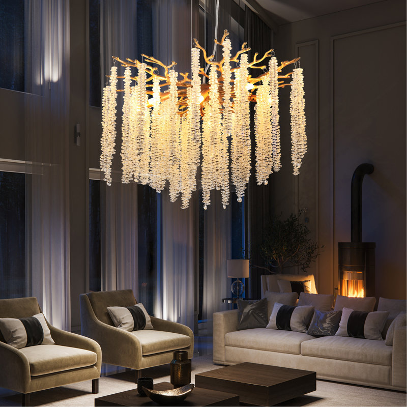 Luminaire suspendu moderne doré 24 pouces avec brins de cristal en cascade