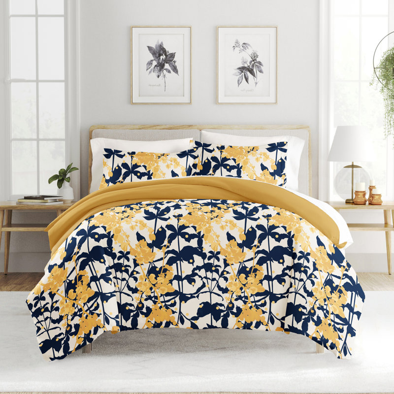 Yellow and Navy Boho Flower Reversible Full/Queen Duvet Cover Set