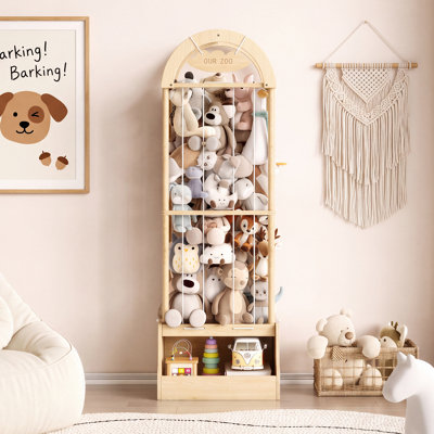 Solid Wood 2-in-1 Stuffed Animal Storage Tower with Arched Top Frame, Space-Saving Plush Toy Organizer with Elastic Ropes & Sturdy Base for Playroom,