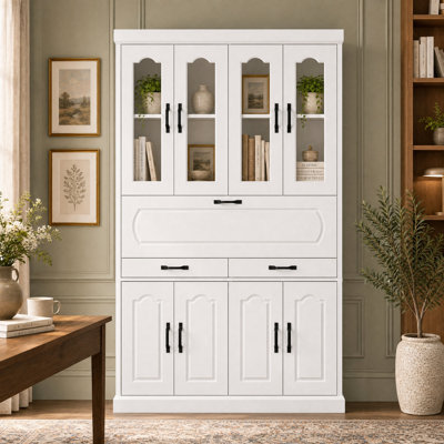Secrétaire-bibliothèque blanche de 190 cm de haut avec bureau rabattable, portes vitrées, 2 tiroirs et trousse antibasculement
