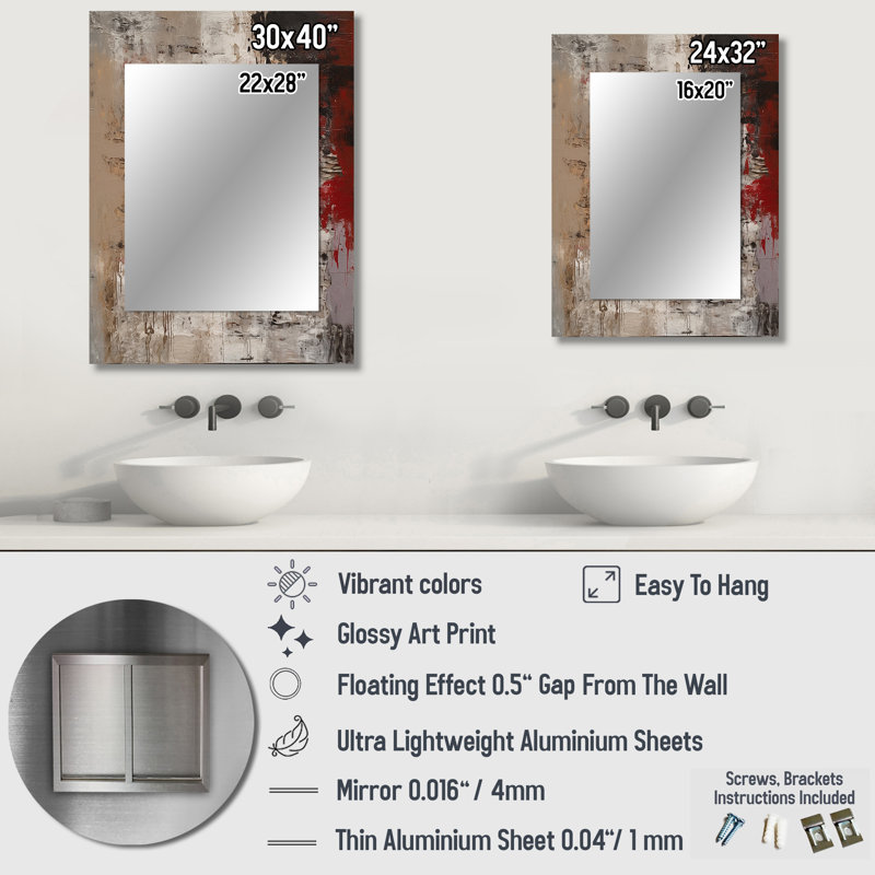 Fading Passion Abstract In Retro Beige And Red I - Abstract Painting Unique Mirror, Modern Large Wall Mirror, Printed Metal Art
