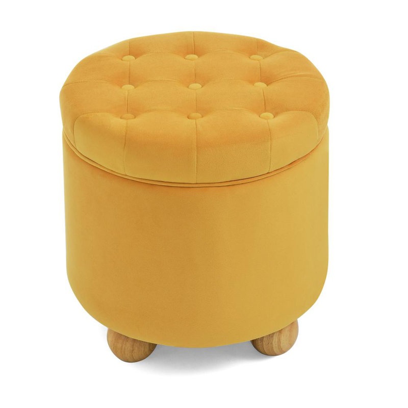 Upholstered Round Storage Ottoman, Yellow