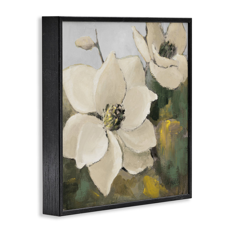 Deux fleurs de magnolia, estampe numérique encadrée par Lanie Loreth, H 12 po x l 12 po, Giclée encadrée noir minuit